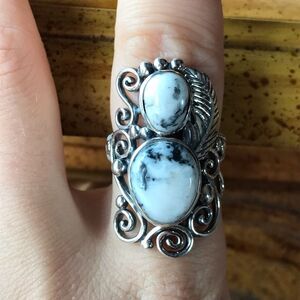 Natural White Buffalo Sterling Silver Feather Ring Size 8